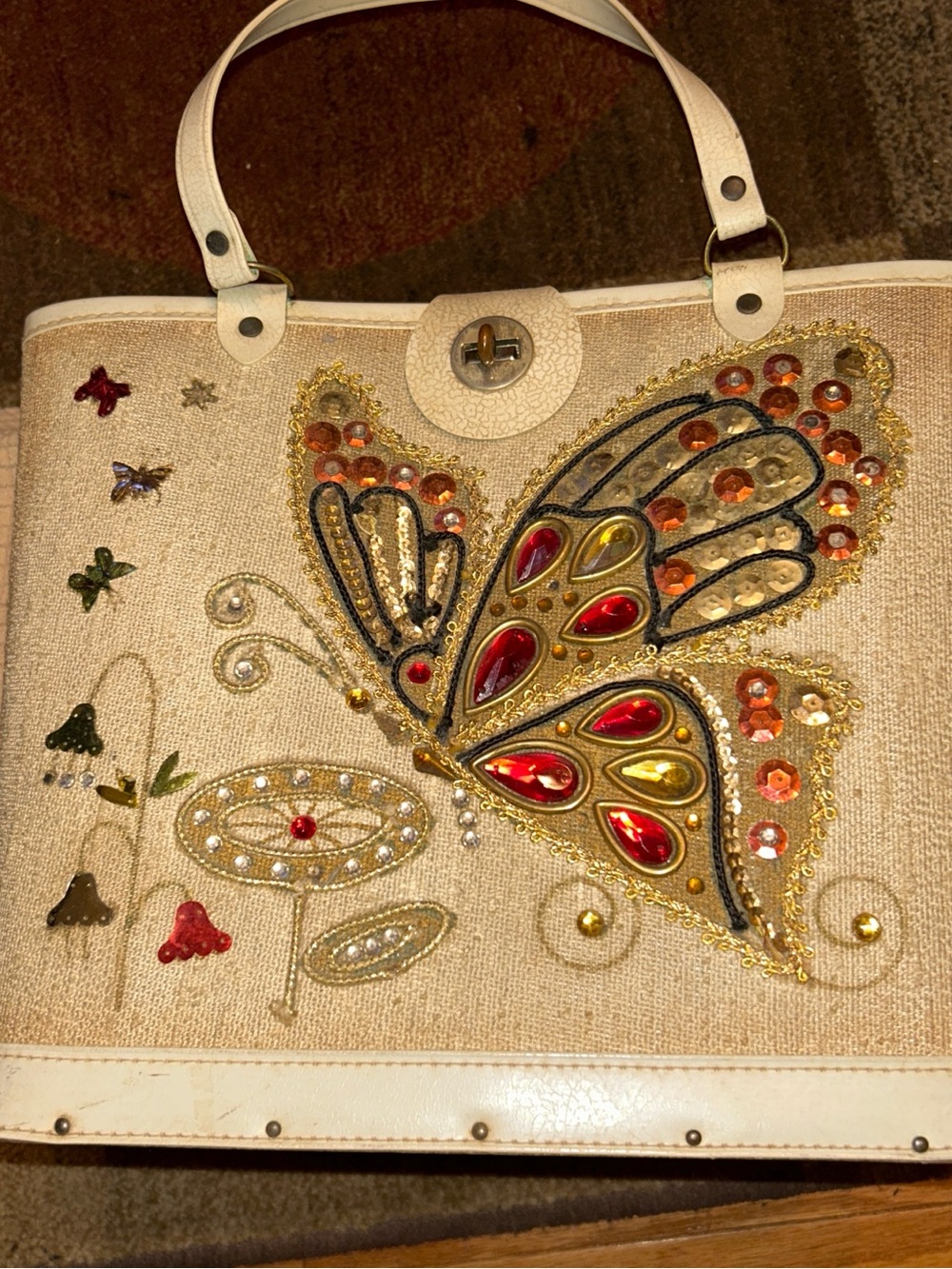 Beige Embellished Butterfly Shoulder Bag with Red Accents